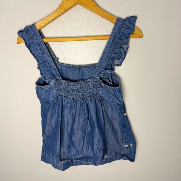 Harper Heritage Denim Ruffled Tank Top with Floral Embroidery | M - Picture 2 of 7